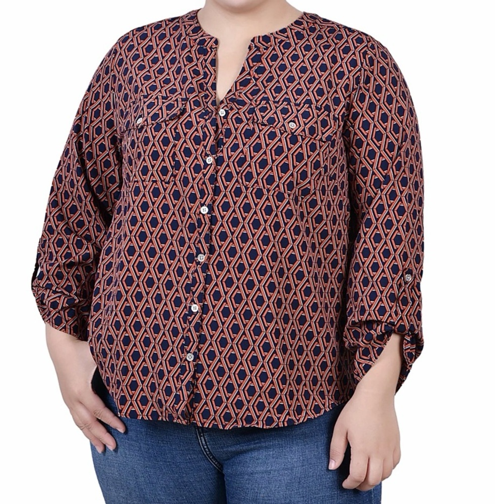 NY Collection Plus Size 3/4 Roll Tab Sleeve Y-Neck Blouse